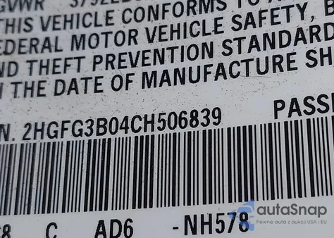 2012 Honda Civic Ex-L from USA, damaged, VIN 2HGFG3B04CH506839